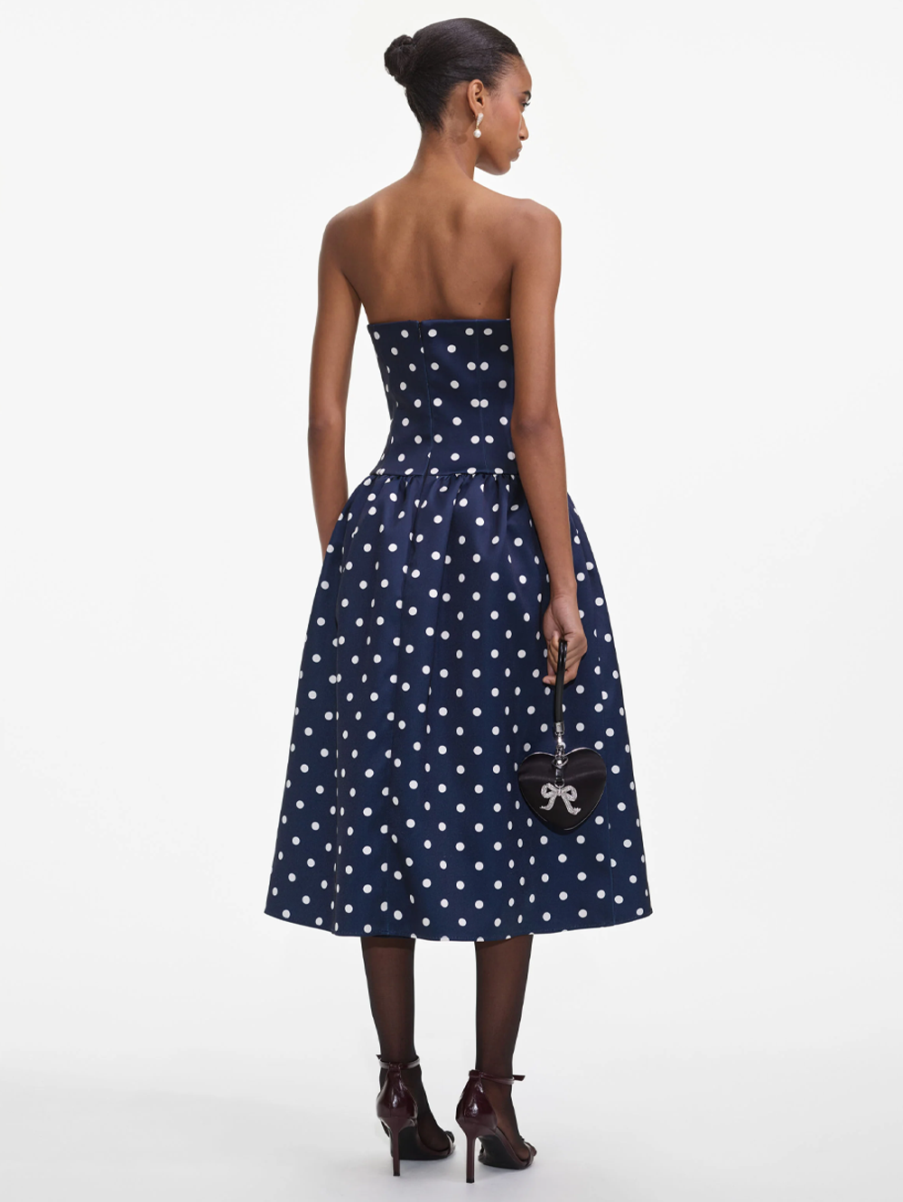 Navy Polka Dot Satin Midi Dress