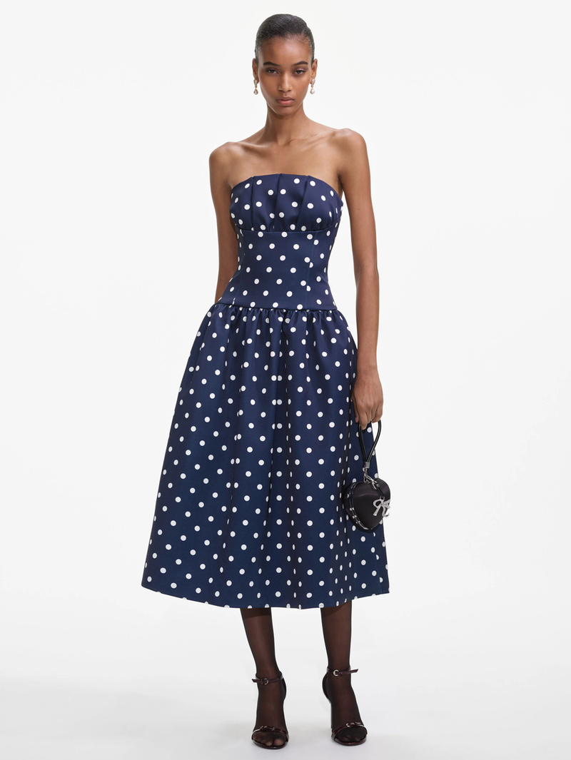 Navy Polka Dot Satin Midi Dress