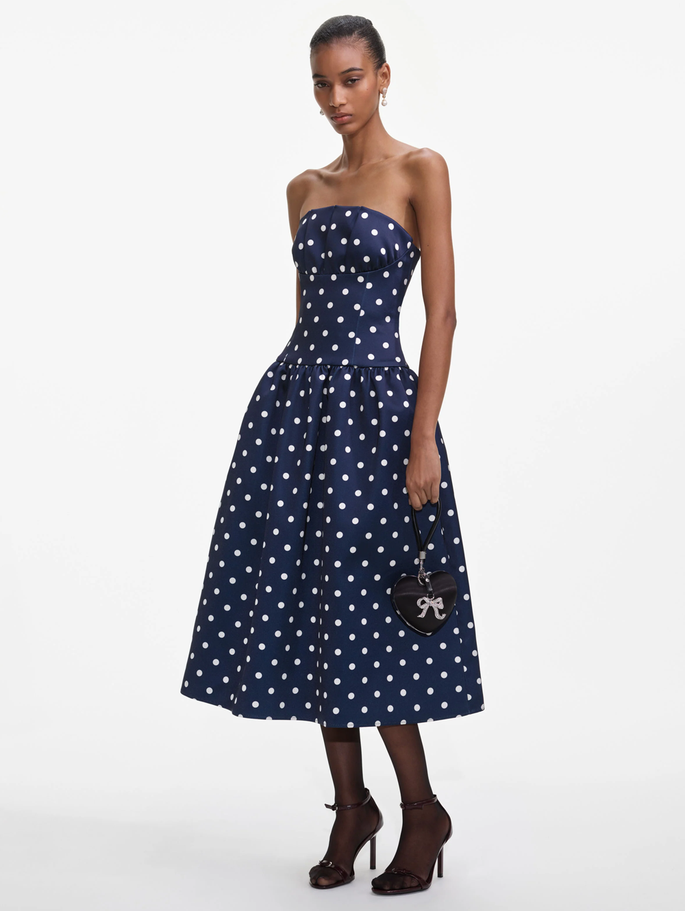 Navy Polka Dot Satin Midi Dress