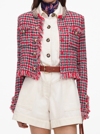 Red Check Frayed Knit Jacket