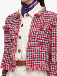 Red Check Frayed Knit Jacket