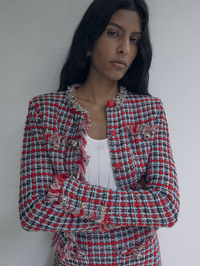Red Check Frayed Knit Jacket