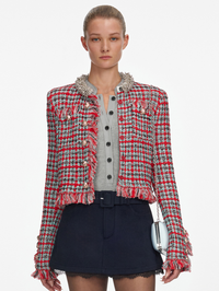 Red Check Frayed Knit Jacket