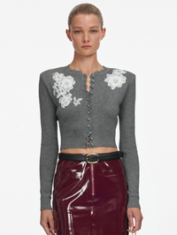 Grey Lace Flower Knit Cardigan