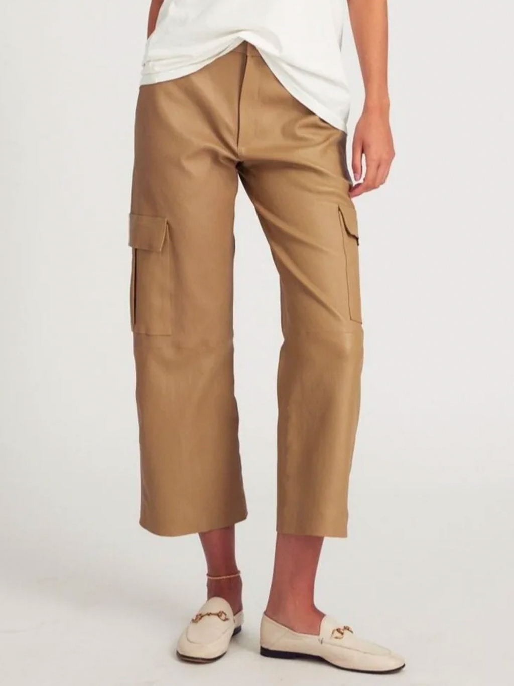 Khaki Leather Cropped Baggy Cargo Pants