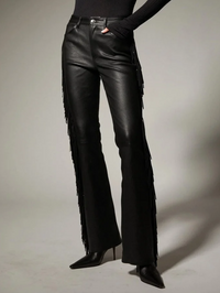 Front view of the 5 Pocket Fringe Micro Flare Pant in black by SPRWMN with fringe detailing down the legs