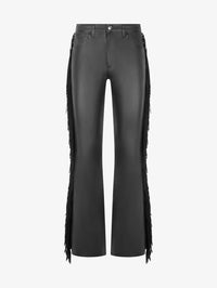 Flat lay front view of the SPRWMN Suede Fringe Leather 5 Pocket Micro Flare in Black