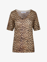 Flat lay front view of the SPRWMN Tissue V Neck Tee in Jaguar animal print