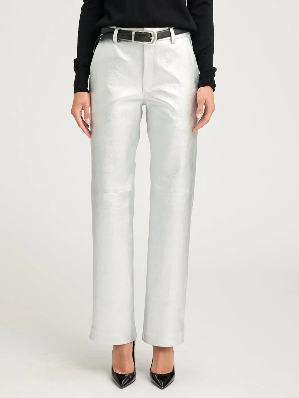 Metallic Silver Leather Baggy Trousers