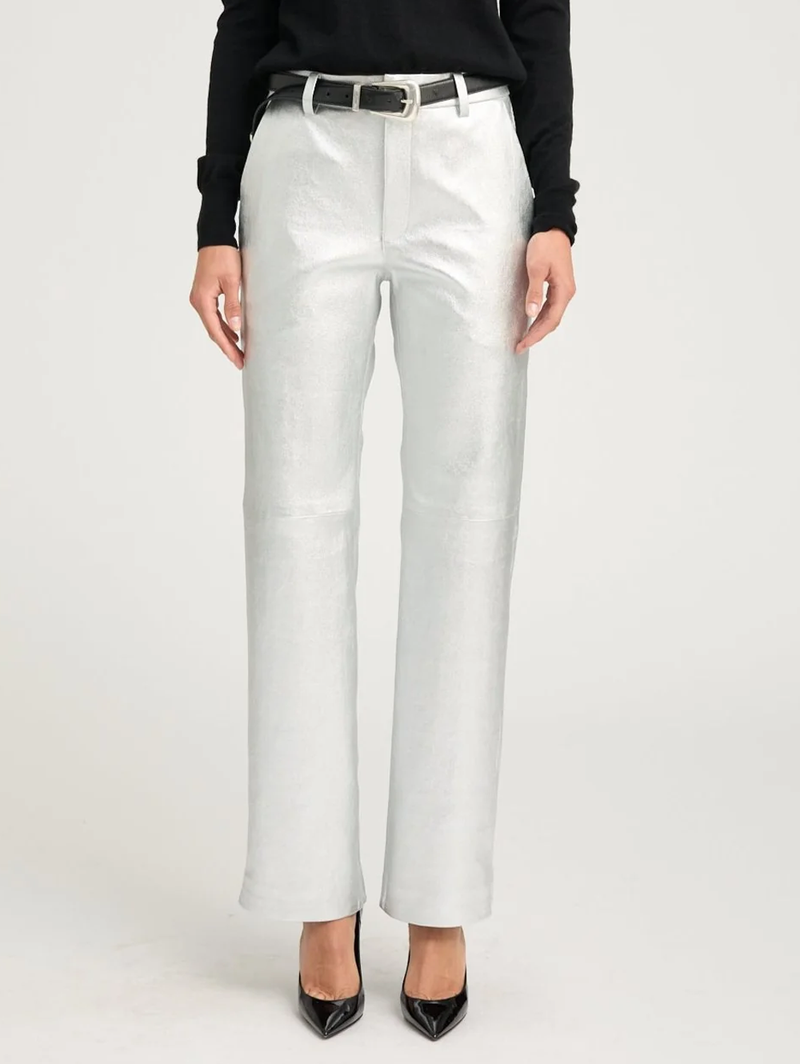Metallic Silver Leather Baggy Trousers