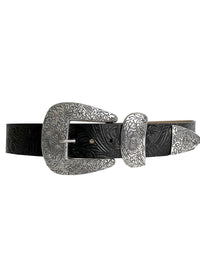 Front view of the Streets Ahead Braun Belt in black tooled leather with engraved antique silver buckle set