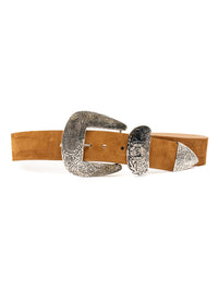 Front view of the Streets Ahead Braun Belt in tan suede with engraved antique silver buckle set