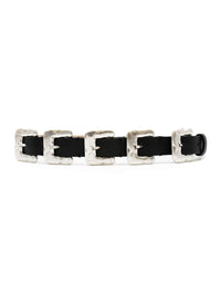Front view of the Streets Ahead Multi Silver Buckle Belt in black leather with five silver buckles