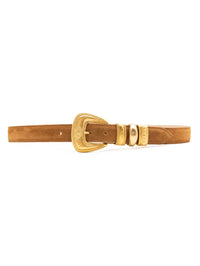 Front view of the Streets Ahead Sienna Belt in tan suede with gold buckle and keepers