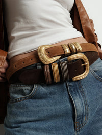 Sienna Belt in tan suede worn layered with a second belt over jeans, Streets Ahead