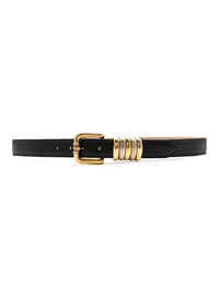 Front view of the Streets Ahead Two Tone Keepers Belt in black leather with gold buckle