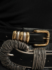 Two Tone Keepers Belt in black leather worn with gold and silver keepers, Streets Ahead