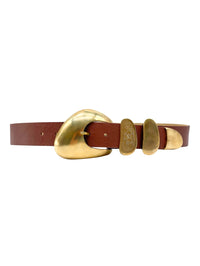 Front view of the Streets Ahead Willa Belt in cognac leather with solid brass buckle set
