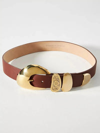 Looped view of the Streets Ahead Willa Belt in cognac leather showing brass buckle and keepers