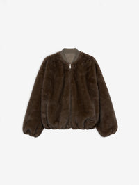 Flat lay of the STUDIO AR Etta Faux Fur Bomber Jacket in Olive, faux mink side out
