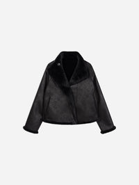Flat lay of the STUDIO AR Mallow Faux Fur Jacket in Dark Grey showing the smooth side with fur trim
