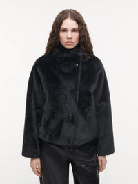 Front view of the STUDIO AR Mallow Cropped Faux Fur Jacket in Dark Grey, buttoned at the stand collar