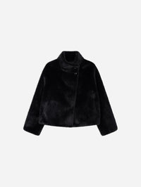 Flat lay of the STUDIO AR Mallow Cropped Faux Fur Jacket in Dark Grey with statement buttons