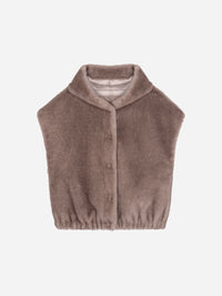 Flat lay of the STUDIO AR Olena Reversible Faux Fur Gilet in Pebble with snap front and gathered hem