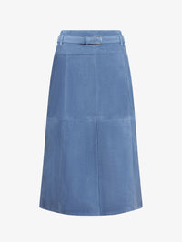 Flat lay front view of the Tanya Taylor Beacon Skirt in Morning Fog blue suede with adjustable belt.