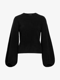 Flat lay of the Tanya Taylor Marina Cashmere Sweater in black showing the straight body and balloon sleeves.
