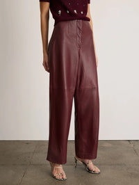 Close front view of the Tanya Taylor Weston Leather Pant in Mahogany with corset-inspired waist seaming.