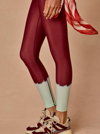 Front view of the Rio 25 Inch Midi Pant in Tie Dye Rio by The Upside, burgundy and cream colorblock