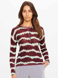 Front view of the Rio Eli Long Sleeve Knit in Tie Dye Rio by THE UPSIDE with button placket detail