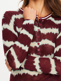 Close-up of tie-dye striped pattern and button placket on the Rio Eli Long Sleeve Knit by THE UPSIDE