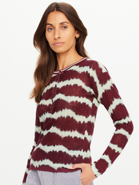 Front view of the Rio Eli Long Sleeve Knit in burgundy and cream tie dye by THE UPSIDE