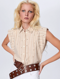 THEO Astraea Stripe Embellished Sleeveless Shirt in Sand in SAND/SILVER – Image 1