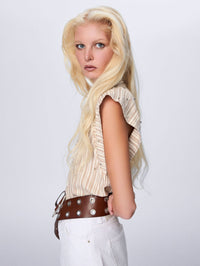THEO Astraea Stripe Embellished Sleeveless Shirt in Sand in SAND/SILVER – Image 5