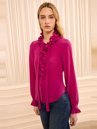 ULLA JOHNSON Catroux Long Sleeve Silk Blouse in Orchid – Image 3
