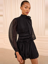 ULLA JOHNSON Celestine Long Sleeve Silk Dress in Noir – Image 1