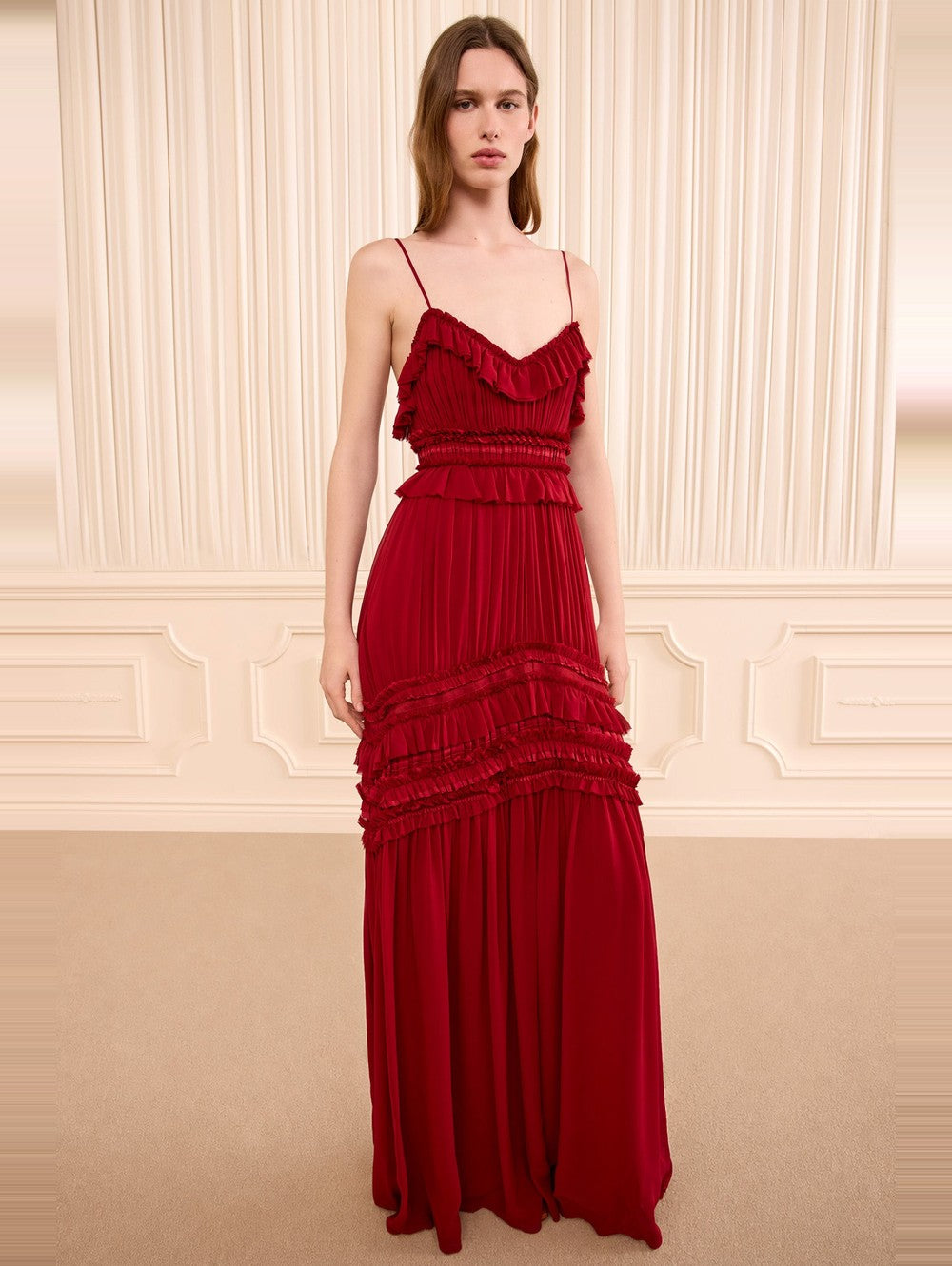 Ulla Johnson | Women's Dorothea Sleeveless Silk Gown in Red Pink Ribbon-Trim Ruffle Camisole Size 2 | Black Tie | Evening