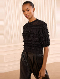 ULLA JOHNSON Mabel Short Sleeve Silk Top in Noir – Image 1