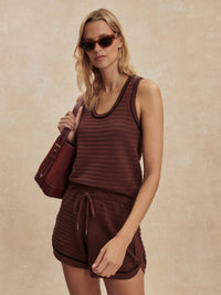 Front view of the Gideon Knit Tank in Ironwood by Varley, styled with a matching shorts set