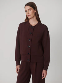 Front view of the Varley Olwen Button Front Sweater in Deep Mahogany buttoned to the crew neck