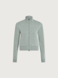 Flat lay of the Varley Rufus Cropped Zip-Through Sweat in Blue Green Marl with two-way zip