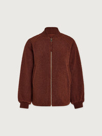 Flat lay front view of the Varley Serina Reversible Quilt Jacket in Cherry Mahogany, sherpa side