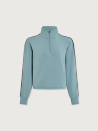 Flat lay of the Varley Sian Piped Half-Zip Sweat in Tourmaline with piped sleeves