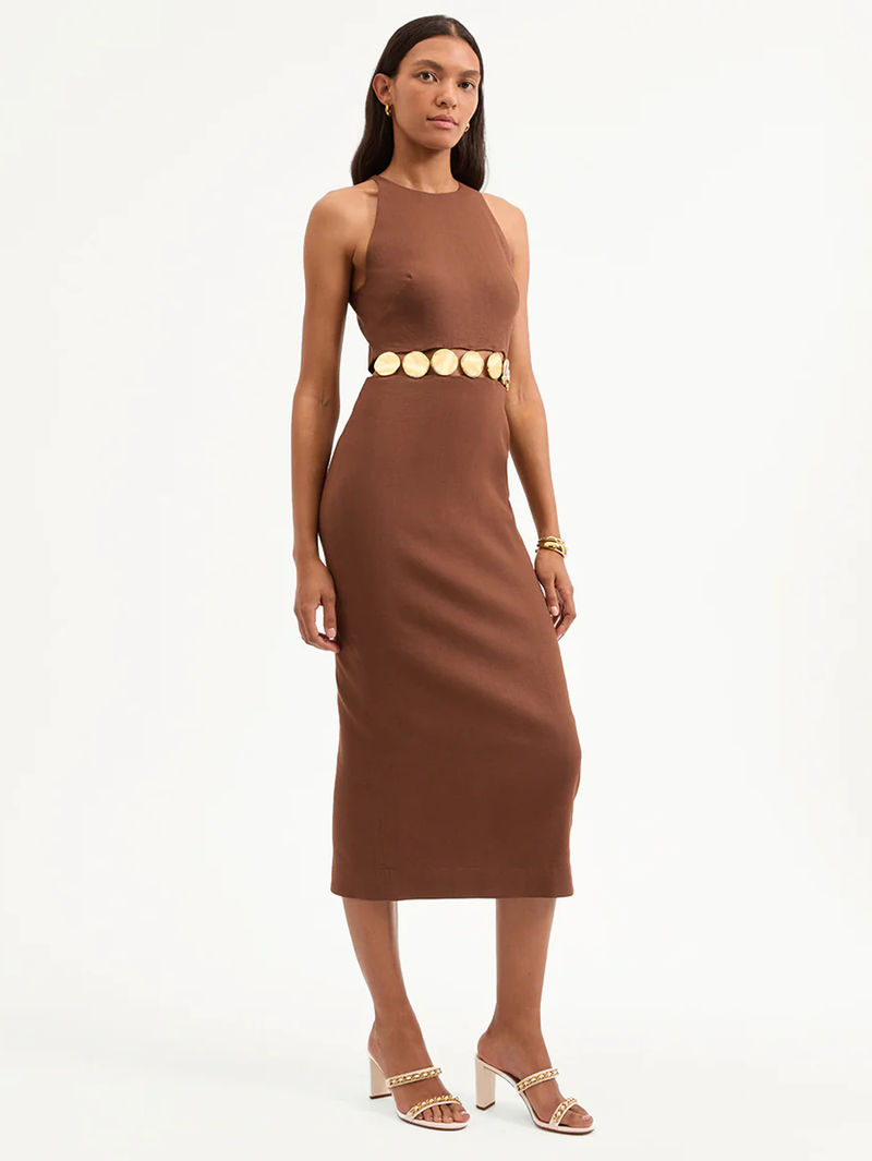 Isla Gold-Medallion Midi Dress