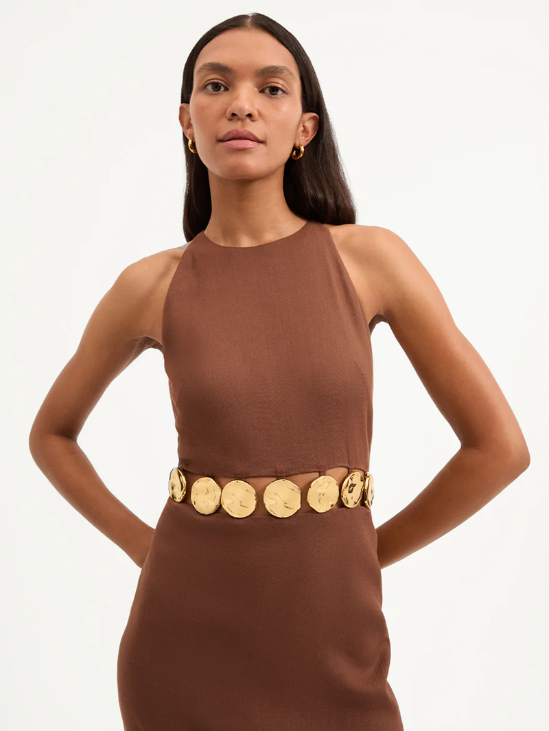 Isla Gold-Medallion Midi Dress