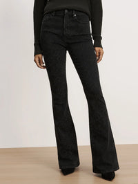 Front view from the waist down of the Veronica Beard Beverly Embroidered Skinny-Flare Jean in Washed Onyx