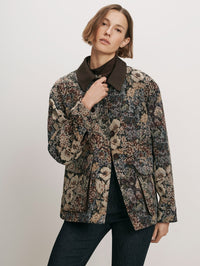 Veronica Beard Blake Brocade Coat in Dark Eggplant Multi worn with the contrast point collar and dark denim.